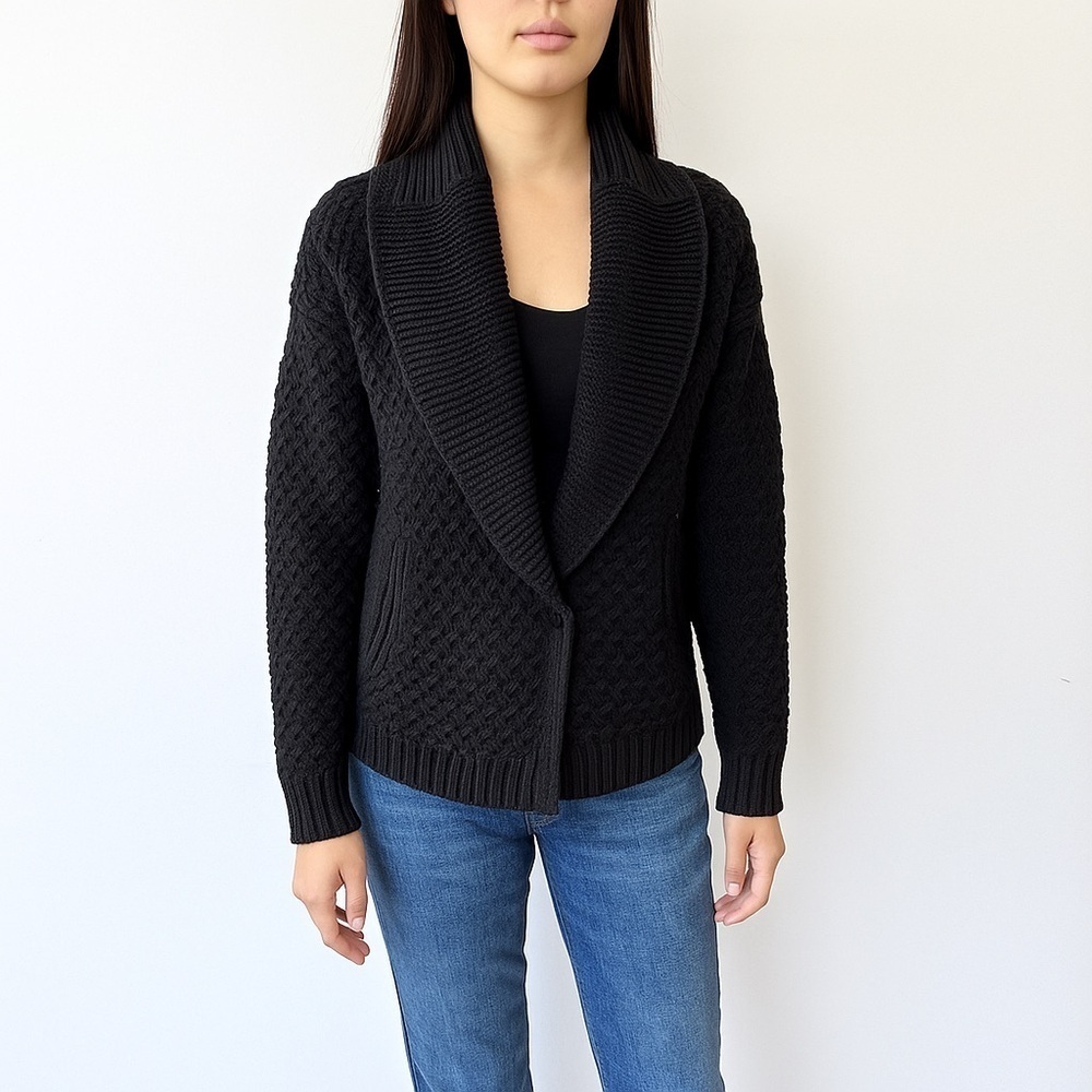 360Sweater Black Chunky Knit Cardigan Sweater Crop Shawl Neck Small Cotton